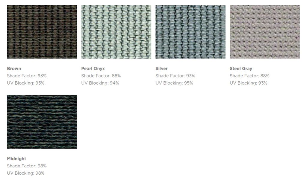 Sun Shade Fabric Catalogue. Brown, Pearl Onyx, Silver, Steel Gray, Midnight.