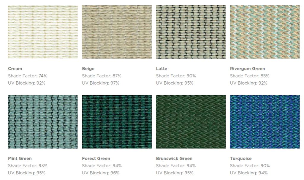 Sun Shade Fabric Catalogue. Cream, Beige, Latte, Rivergum Green, Mint Green, Forest Green, Brunswick Green, Turquoise.
