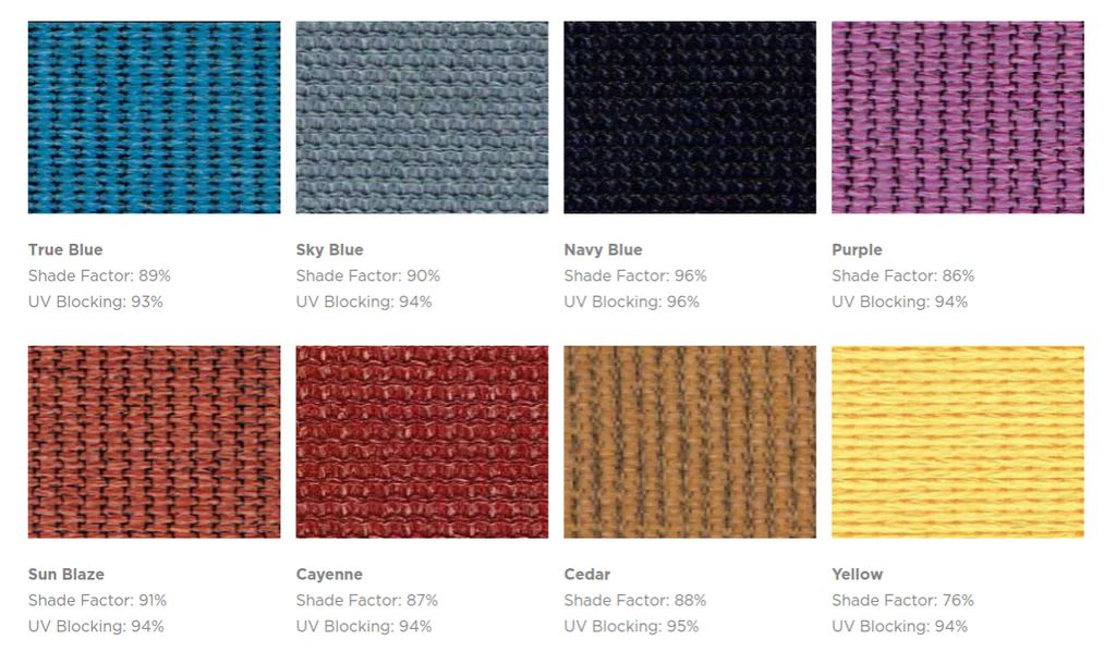 Sun Shade Fabric Catalogue. True Blue, Sky Blue, Navy Blue, Purple, Sun Blaze, Cayenne, Cedar, Yellow.